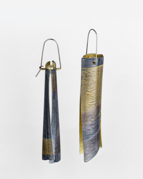 Wide razor shell earrings in grey and violet, Jane Adam, 1999, Crafts Council Collection: J274. Photo: Todd-White Art Photography.